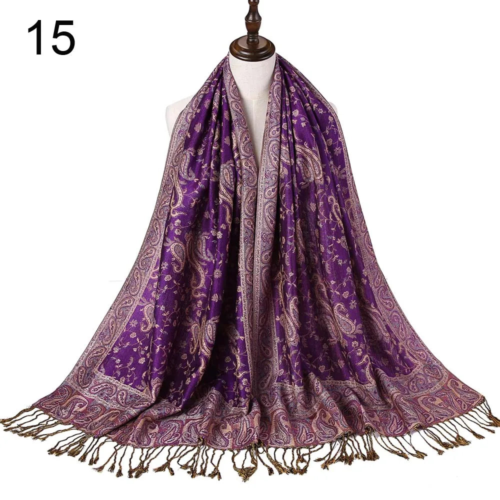 Pashmina Silk Scarf Shawl Wrap Paisley Jacquard Flowers Borders Rave 2 Layers Reversible Classic Tassels For Women 70X180cm 200g