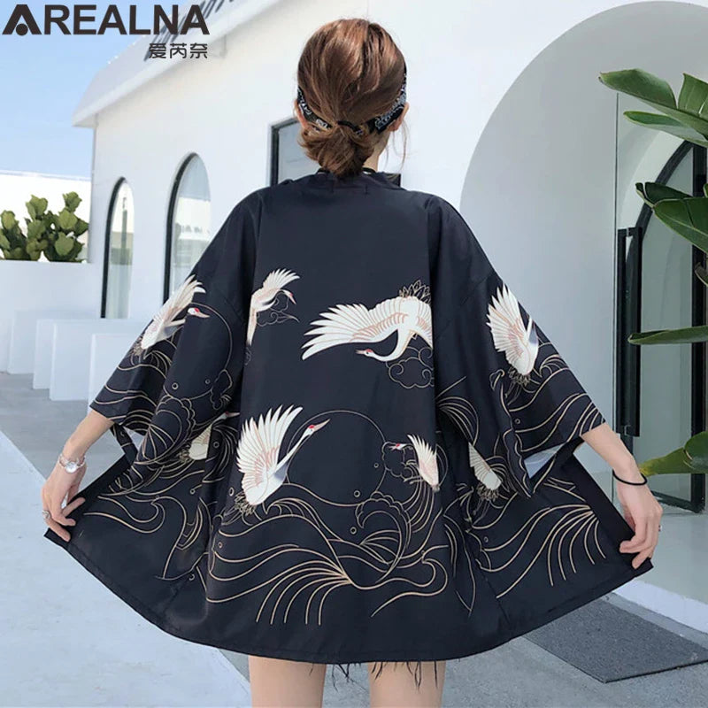 Japanese Kimono Traditional Clothing Crane Carp Anime Kimono Dress Shirts Women Samurai Haori Hombre Yukata Man Cardigan Shirt