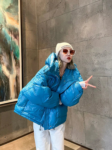 Street Jacket Short Candy Color All-match Bread Coat Women Shiny Warm Big Hooded Cotton Padded Parkas Fashion Winter Jacket Lady