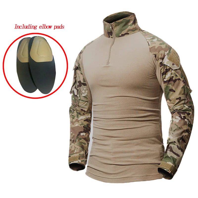 Men Combat Work Clothes Long Sleeve Tactical Elbow Pads Uniform Cotton Military CP Camouflage Shirt Man T Shirts