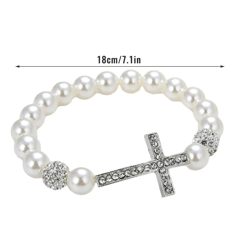 1 Pc Fashionable Imitation Pearl Beaded Bracelet Cross Pendant Elastic Bracelet Jewelry Decoration Souvenir Gift for Women