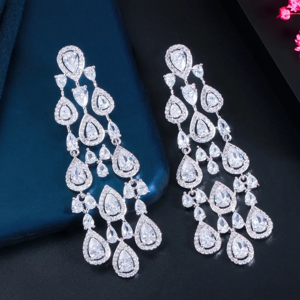 CWWZircons Trendy Clear White Water Drop Cubic Zirconia Women Long Tassel Brazil Style Party Earring Brincos Bijoux Gift CZ816