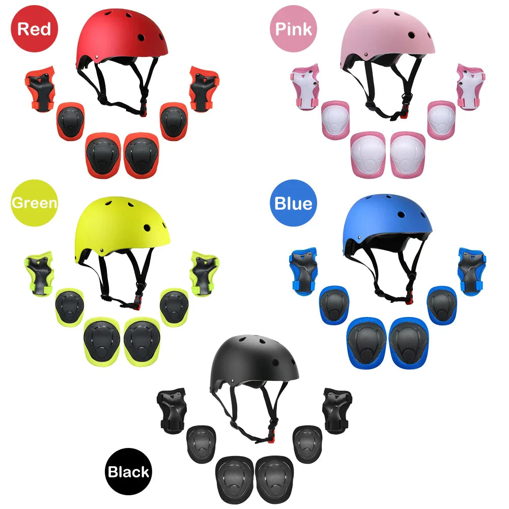 7Pcs Adjustable Pads Wrist Helmet Protector Set Kids Boy Girl Safety Helmet Knee Elbow Pad Set Skate Bicycle Helmet Safety Guard