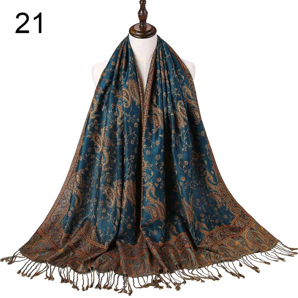 Pashmina Silk Scarf Shawl Wrap Paisley Jacquard Flowers Borders Rave 2 Layers Reversible Classic Tassels For Women 70X180cm 200g