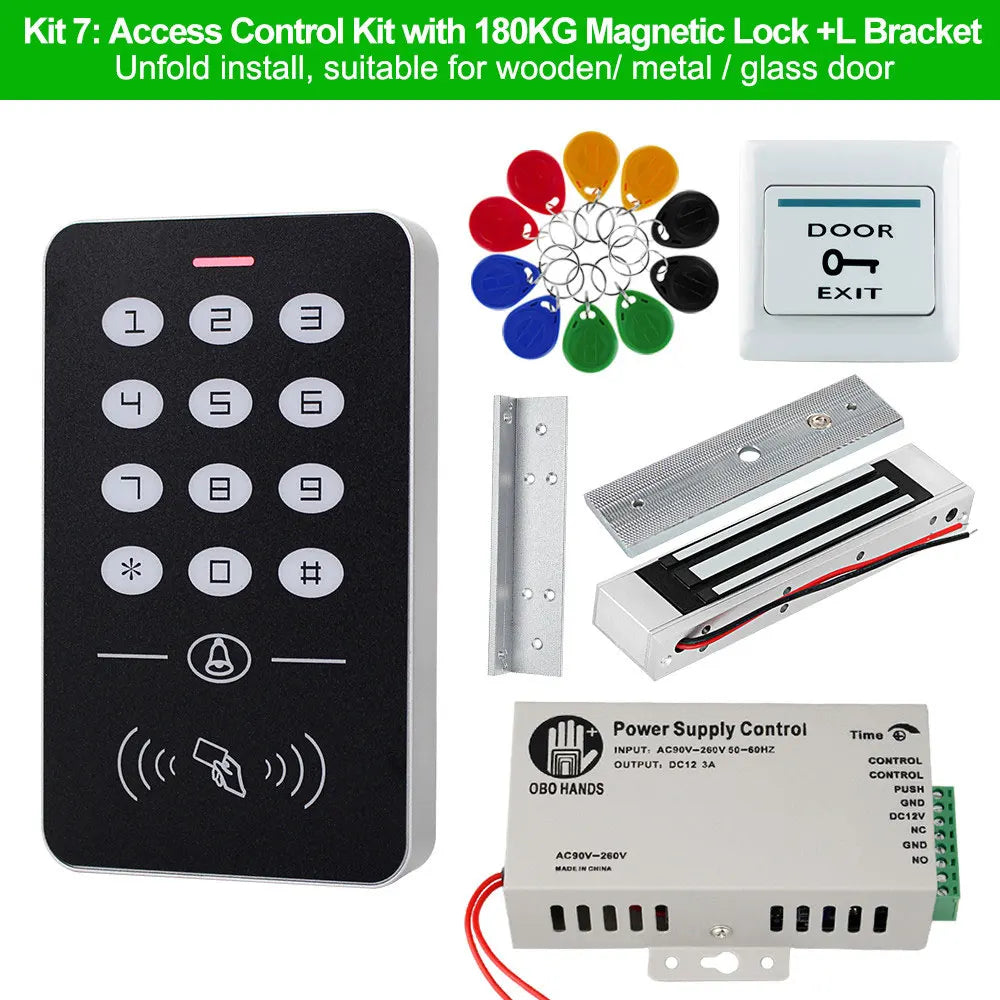 OBO Hands Door Access Control System Kit RFID Keypad + Power Supply + Electric 180KG Magnetic Lock Strike Door Locks for Home