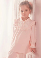 Children Girl's Lolita Pink Pajama Sets.Turndown Collar Tops+Pants.Vintage Toddler Kids Pyjamas set.Royal Style Sleep Loungewear