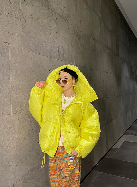 Street Jacket Short Candy Color All-match Bread Coat Women Shiny Warm Big Hooded Cotton Padded Parkas Fashion Winter Jacket Lady