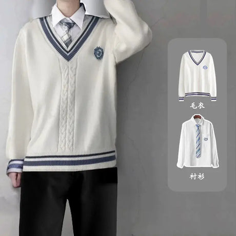 Autumn And Winter College Style V-neck Knitted Sweater Unisex Student Shirt Sweater Pants 3-pcs JK Uniform Couple Class Service