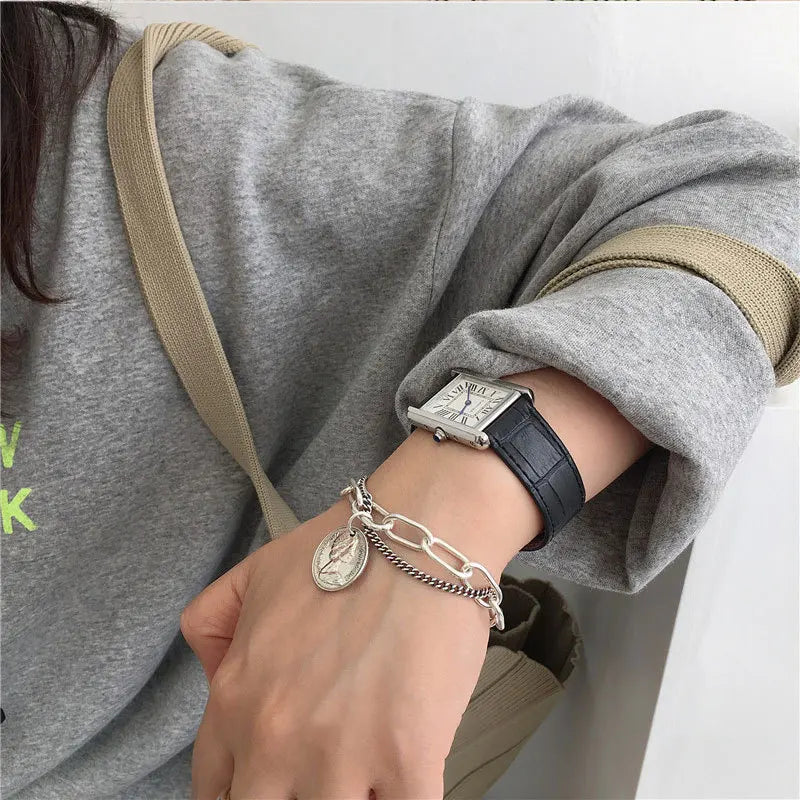 ANENJERY Silver Color Round Coin Bracelet for Women Men Thick Chain Thai Silver Bracelet Gifts