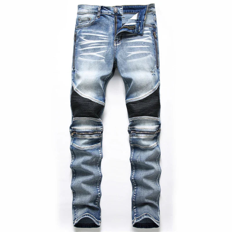 Dropshipping Fashion New Biker Jeans Men's Distressed Stretch Ripped  Hip Hop Slim Fit Holes Punk Denim Cotton Pants