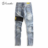 VMADE Authentics Male Washed stretch Jeans for men pants clothing Destroy Inwrought logo Zipper at inseam Slim fit Classic jean