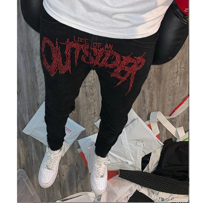 New Men Trend Black Ripped Jeans Fashion Street Hole Trousers Cozy Skinny Design Hot Rhinestone Stretch Soft Washed Denim Pants