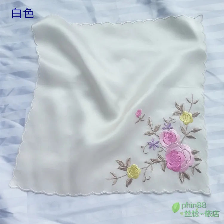 Women's 100% Pure Silk 16.5 mm satin silk embroidery Square handkerchief 26cm 10" WJ007