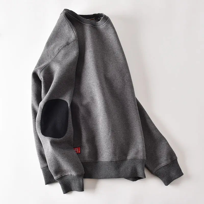 Autumn and Winter Fleece Thick round Neck Sweater Men 's Solid Color Casual Patch Elbow Pad Pullover Baggy Coat