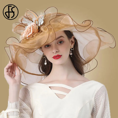 FS Flower Fascinator Women Kentucky Derby Wide Brim Wedding Church Organza Sun Hat 2023 Elegant Large Ladies Fedoras