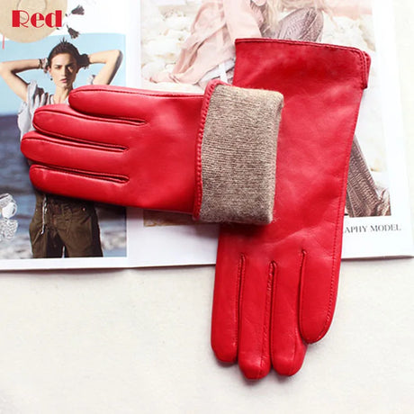 New women's leather color gloves sheepskin classic straight style knitted lining spring driving mittens autumn