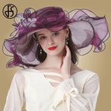 FS Flower Fascinator Women Kentucky Derby Wide Brim Wedding Church Organza Sun Hat 2023 Elegant Large Ladies Fedoras