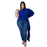 Plus Size Tops Sexy Slash Neck One Shoulder Puff Sleeve Long Blouses Elegant Ladies Irregular Shirts Wholesale Dropshipping