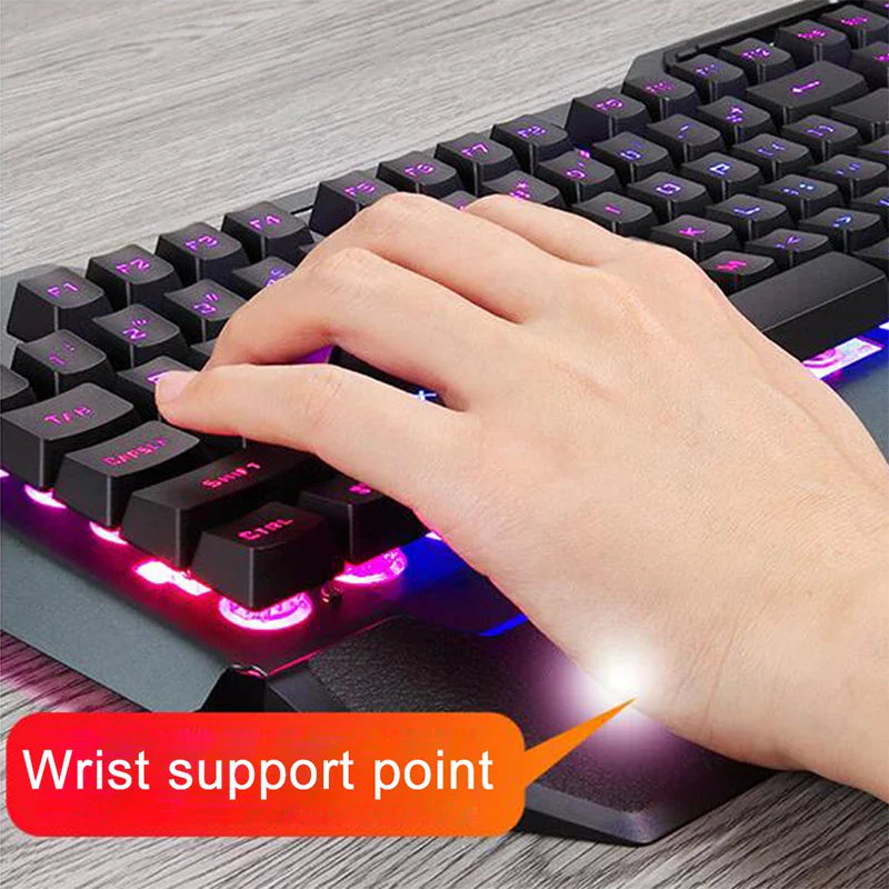 Mechanical Rainbow Backlit Gaming Keyboard and Optical Mice With PC Gaming headset, Pen Phone Holder,Waterproof,Multi Shortcuts