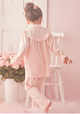 Children Girl's Lolita Pink Pajama Sets.Turndown Collar Tops+Pants.Vintage Toddler Kids Pyjamas set.Royal Style Sleep Loungewear