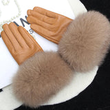 Real Sheepskin Fox Fur Gloves Women's Genuine Leather Glove Winter Warm Fashion Style Natural Fluffy Fox Fur Oversized Customize