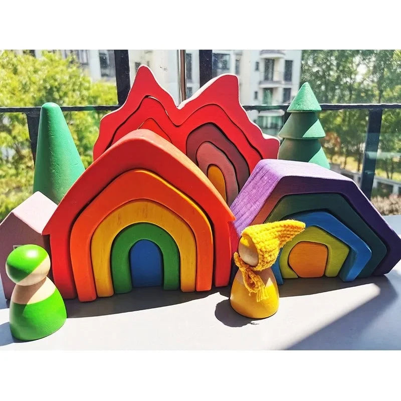 Montessori Wooden Toys Elemental Rainbow Stacking Blocks /Unpaint Wood Tree Building Stacking Car Volcano Coral Sea Wave