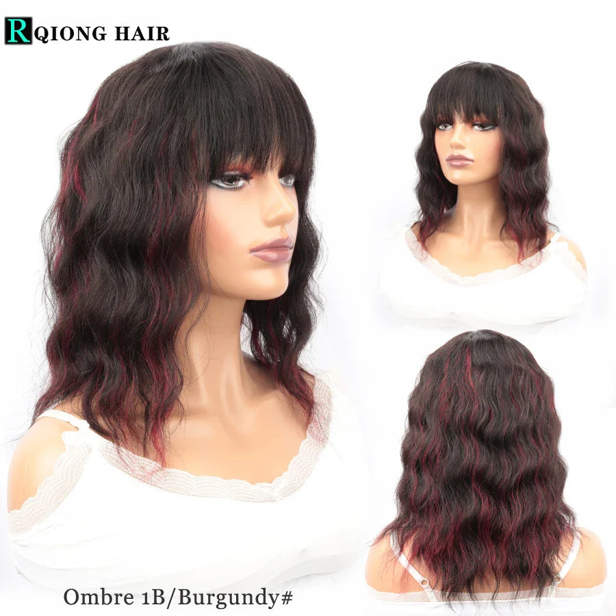 Wet And Wavy Bob Wigs With Bangs Ombre Human Hair Wigs Brazilian Natural Wave Full Machine Wig For Women Perruque Cheveux Humain