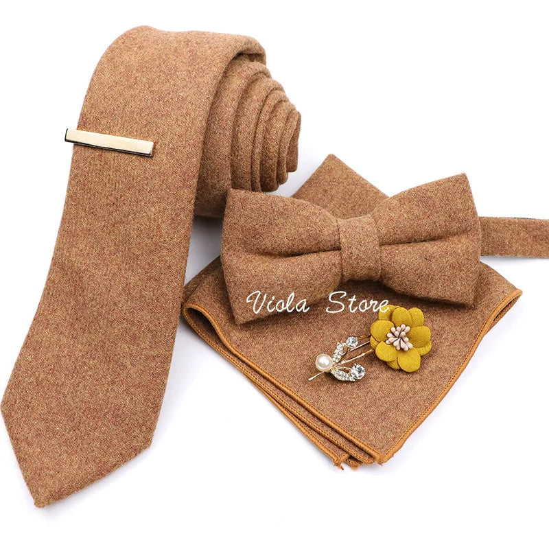 Top 50% Wool Soft 7cm Tie Bowtie Hankie Clip Brooch Sets Dusty Green Solid Classy Men Wedding Suit Daily Cravat Accessory Gift