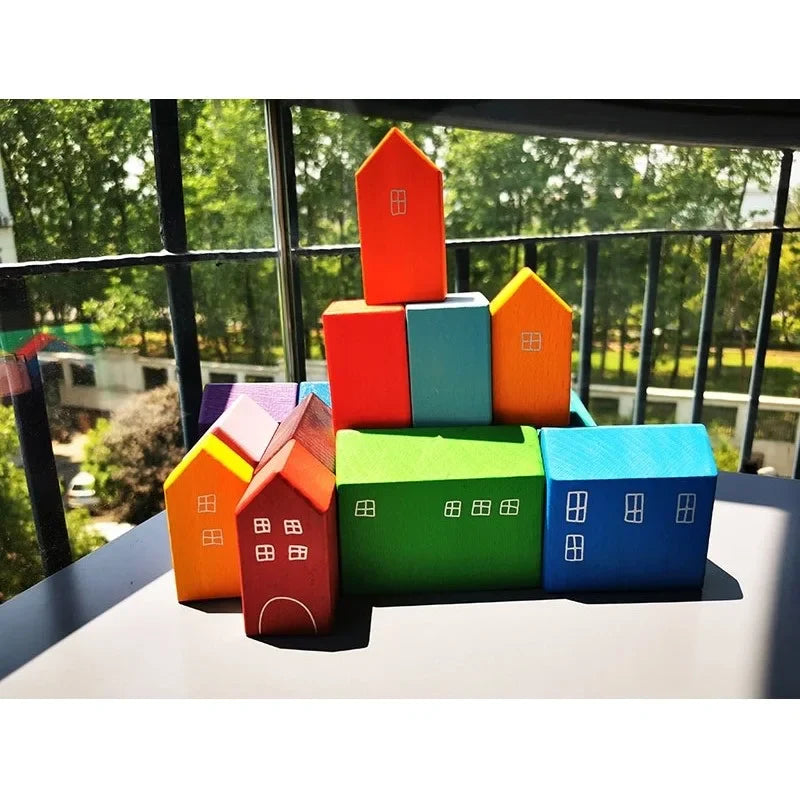 Montessori Wooden Toys Elemental Rainbow Stacking Blocks /Unpaint Wood Tree Building Stacking Car Volcano Coral Sea Wave