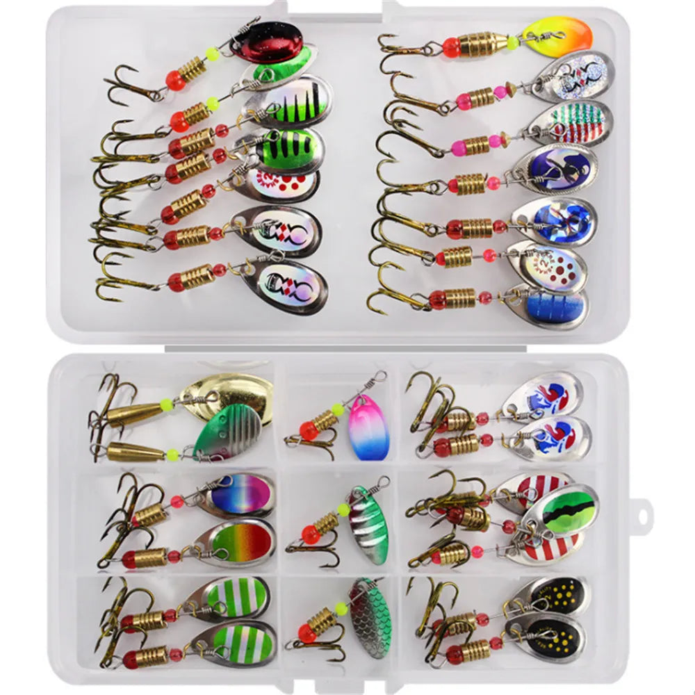 30pcs/10pcs Boxed Rotating Spoon Kit Lure Fishing Lures Artificial Baits Metal Fish Hooks Bass Trout Perch Pike Rotating Sequins