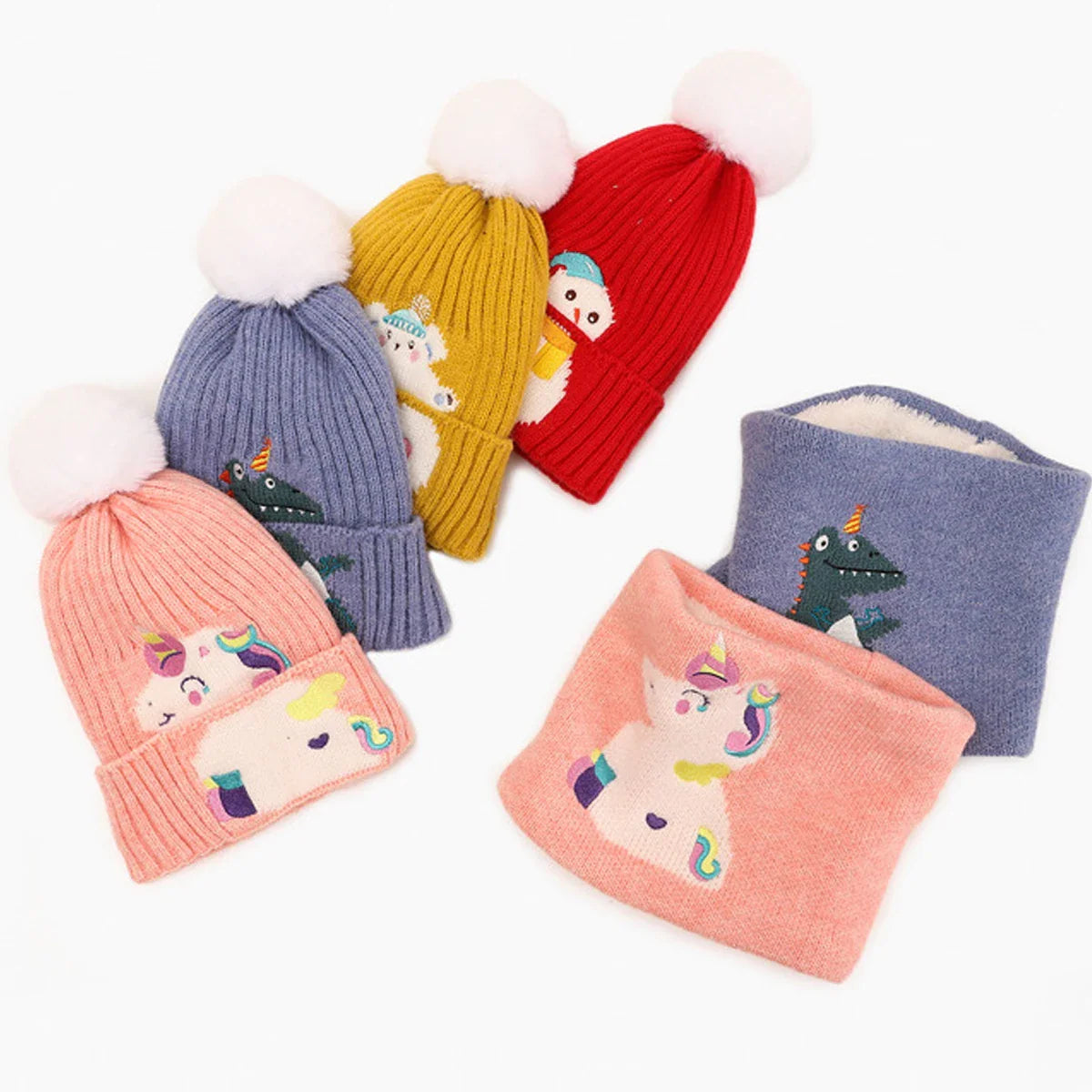 Children’s Hat Set 2021 Autumn And Winter Dinosaur Unicorn Baby Knitting Cap Cartoon Scarf Warm Wool Cap