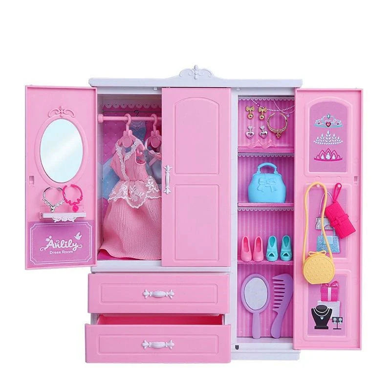 Barbies 31 Items/Set Dollhouse Furniture=1*Wardrobe+30*Doll Accessories Doll Clothes Dresses Crowns Necklace Shoes For Barbie