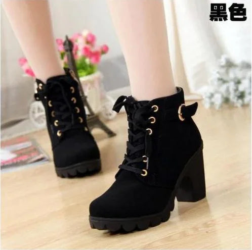 Boots Women Shoes Women Fashion High Heel Lace Up Ankle Boots Ladies Buckle Platform Artificial Leather Shoes bota feminina 2023