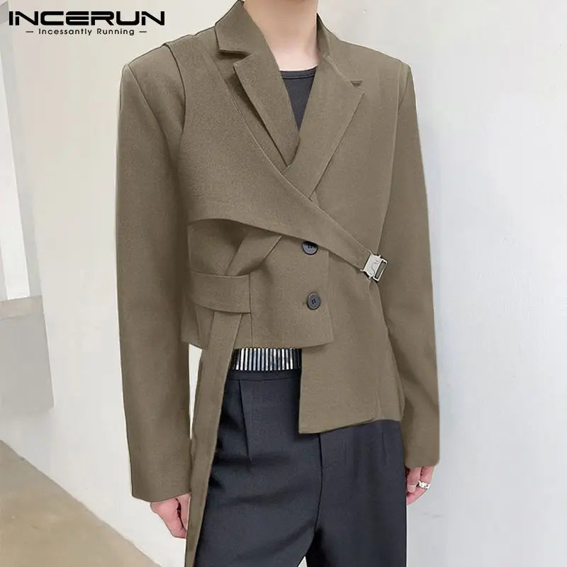 INCERUN Fashion Men Blazer Streetwear Lapel 2023 Long Sleeve Casual Irregular Suits Solid Color Button Thin Coats Men S-5XL