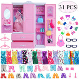 Barbies 31 Items/Set Dollhouse Furniture=1*Wardrobe+30*Doll Accessories Doll Clothes Dresses Crowns Necklace Shoes For Barbie