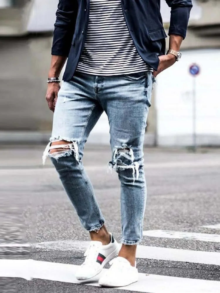 Men Jeans Streetwear Knee Ripped Skinny Hip Hop Fashion Estroyed Hole Pants Solid Color Male Stretch Casual Denim Big Trousers