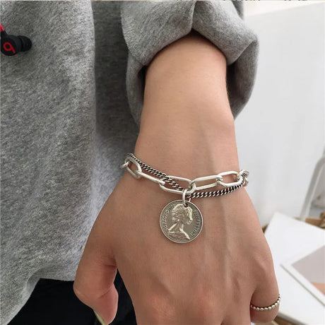 Evimi 925 Silver Color Portrait Coin Bracelet For Women Men Round Medal Thick Chain  Jewelry Gifts S-B524