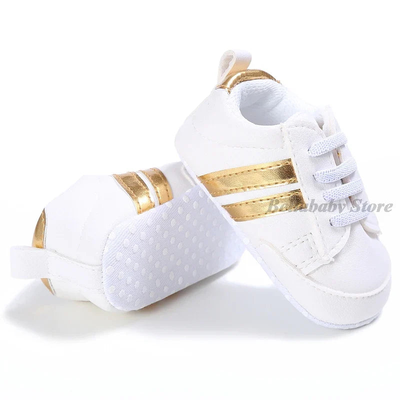 First Walkers Baby Girl Gold Shoes Autumn PU Leather Toddler Boy Sneaker Striped Black Newborn Baby Shoes Outdoor Soft Anti-slip