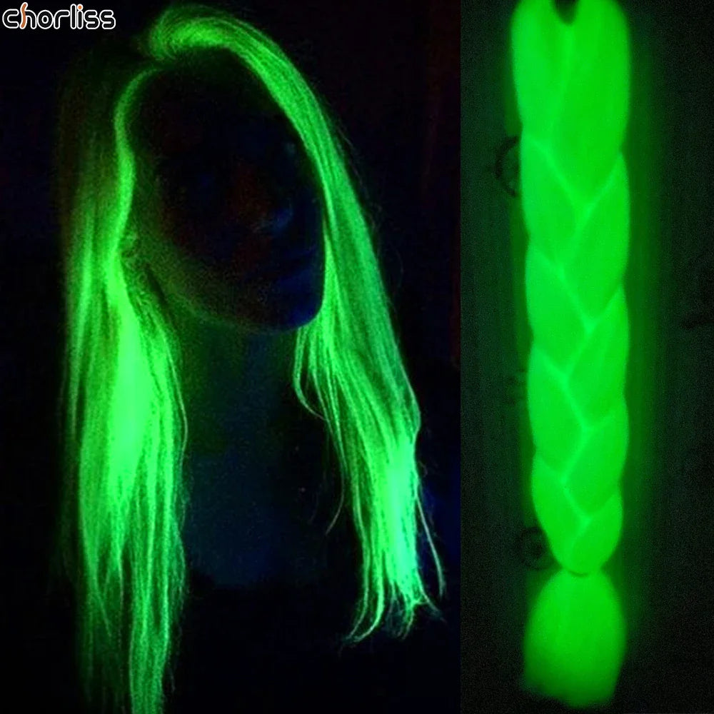 24 Inches 100g Glowing Synthetic Jumbo Braids Fluorescent Green Shinning Hair In The Darkness Crochet Braiding Hair Extensions