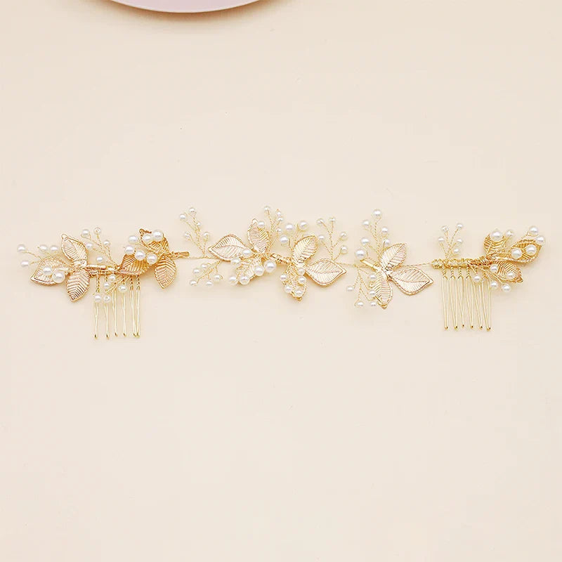 QYY Newest Gold Color Leaves Wedding Hair Comb Long Bridal Hair Accessories Jewelry Pearls Alloy Headpieces Hair Clips