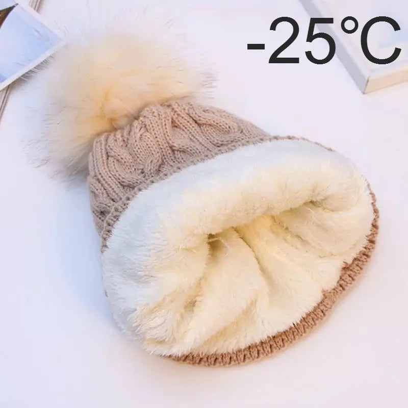 Women Winter Bonnet Soft Thick Beanies Fleece Lined Dual Layer Faux Fur Pom Pom Knitted Hats Fashion Outdoor Sports Skullies  Ca