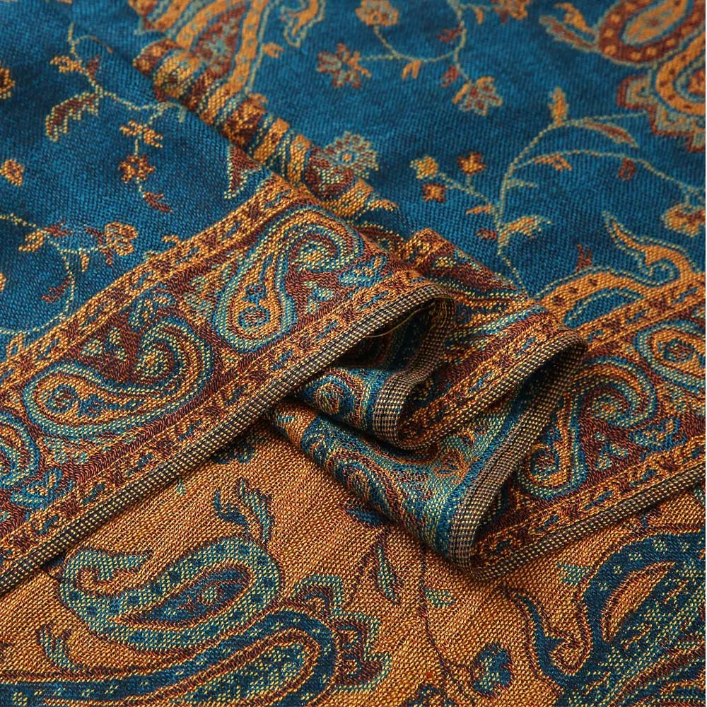 Pashmina Silk Scarf Shawl Wrap Paisley Jacquard Flowers Borders Rave 2 Layers Reversible Classic Tassels For Women 70X180cm 200g