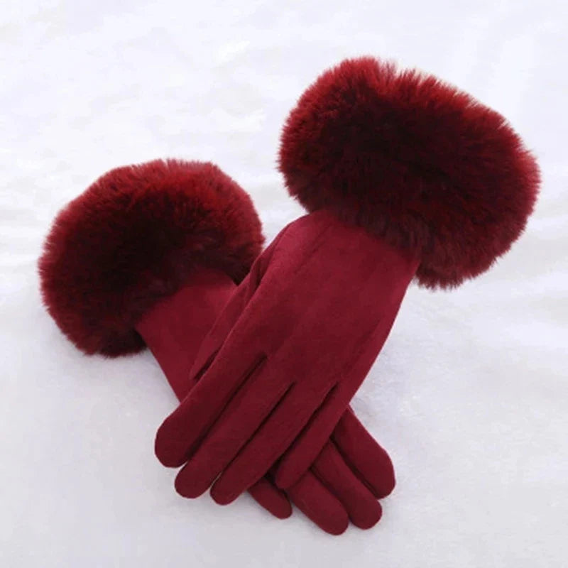 Women Faux Rabit Fur Wrist Suede Leather Touch Screen Driving Glove Winter Warm Plush Thick Full Finger Cycling Black Mitten H92