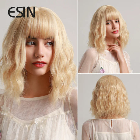 ESIN Synthetic Black Brown Medium Long Loose Body Wave Wig with Bangs Cosplay Daily Natural Wigs for Women Heat-resistant Hair