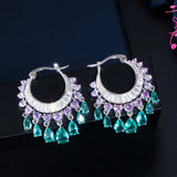 CWWZircons Brilliant CZ Crystal Green Dangling Fringed Waterdrop Round Hoop Earrings for Women New Trendy Bohemian Jewelry E0451