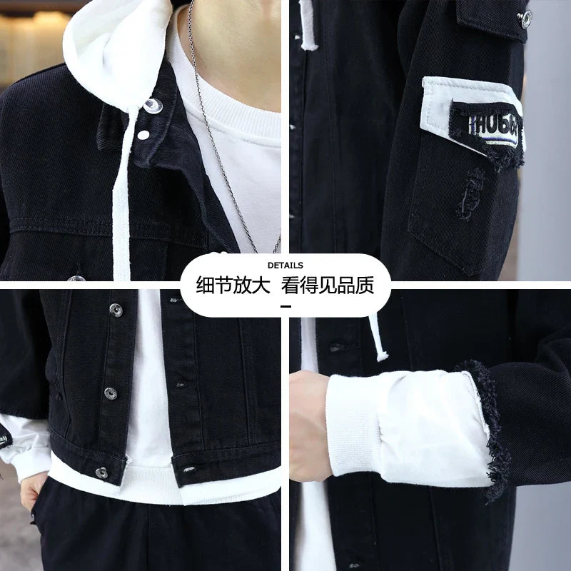 Men Autumn Hooded Men Jean Jackets Pink Cotton Holes Denim Coats Streetwear Clothing Outwear