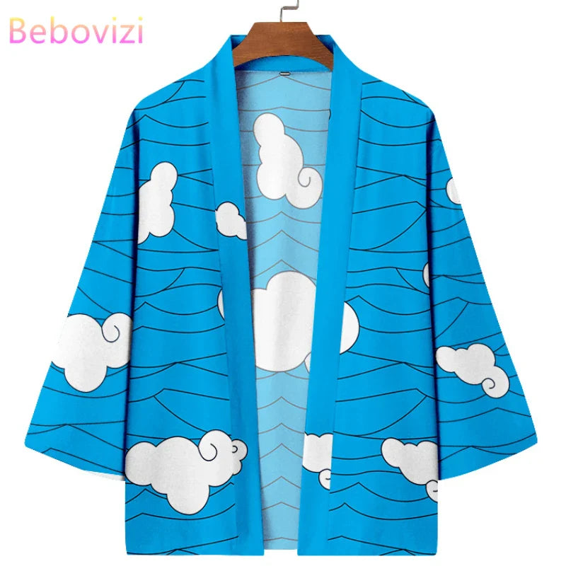 Japanese Style Clouds Print Blue Beach Yukata Women Men Kimono Harajuku Cardigan Traditional Samurai Cosplay Haori Robe Clothing