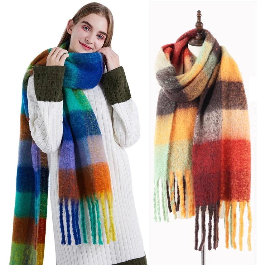 Luxury Brand Women Plaid Scarf Winter Warm Pashmina Shawls Cashmere Thick Wrap Lady Tassel Scarves Rainbow Hairy Bufanda