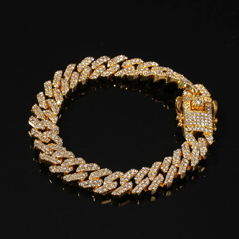 UWIN 12mm Bling S-Link Miami Cuban Bracelets Gold Color Full Iced Rhinestones Hiphop Mens Bracelet Fashion Jewelry