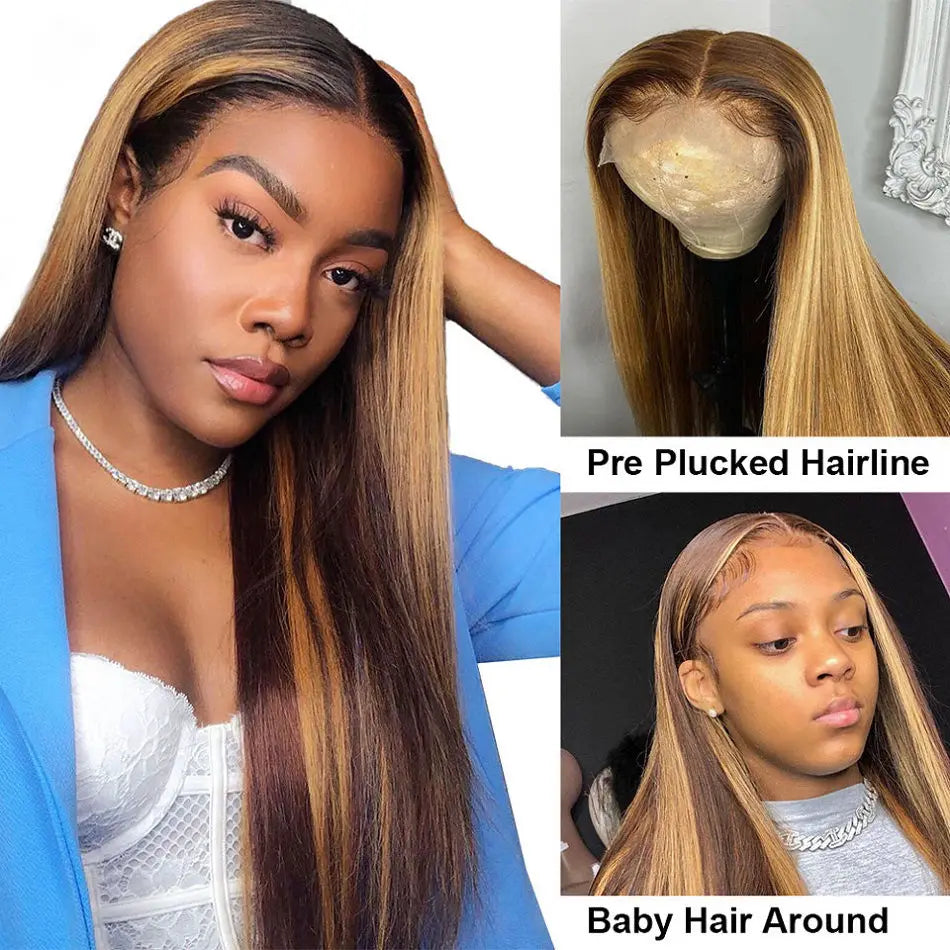 Glueless 13X4 Highlight Wig Straight Lace Front Human Hair Wigs For Women Ombre Honey Blonde Brown Colored 13x6 Lace Frontal Wig